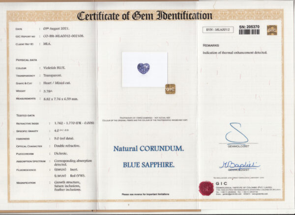 3.78 Cts. Natural | Certified | Shape Heart | Ceylon Blue Sapphire - Image 7